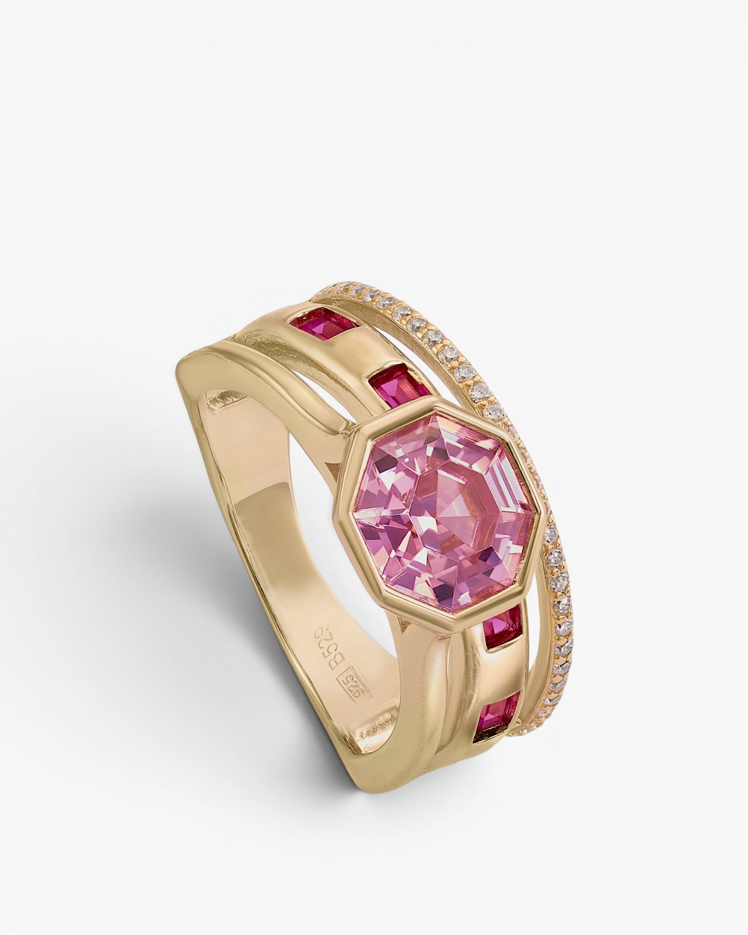 Anillos con piedras motivo exagonal central en tono rosado