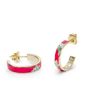 Fuchsia pink floral enamel hoop earrings
