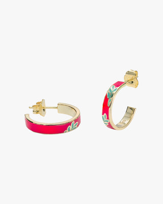 boucles d'oreilles créoles en émail rose fuchsia à motif floral