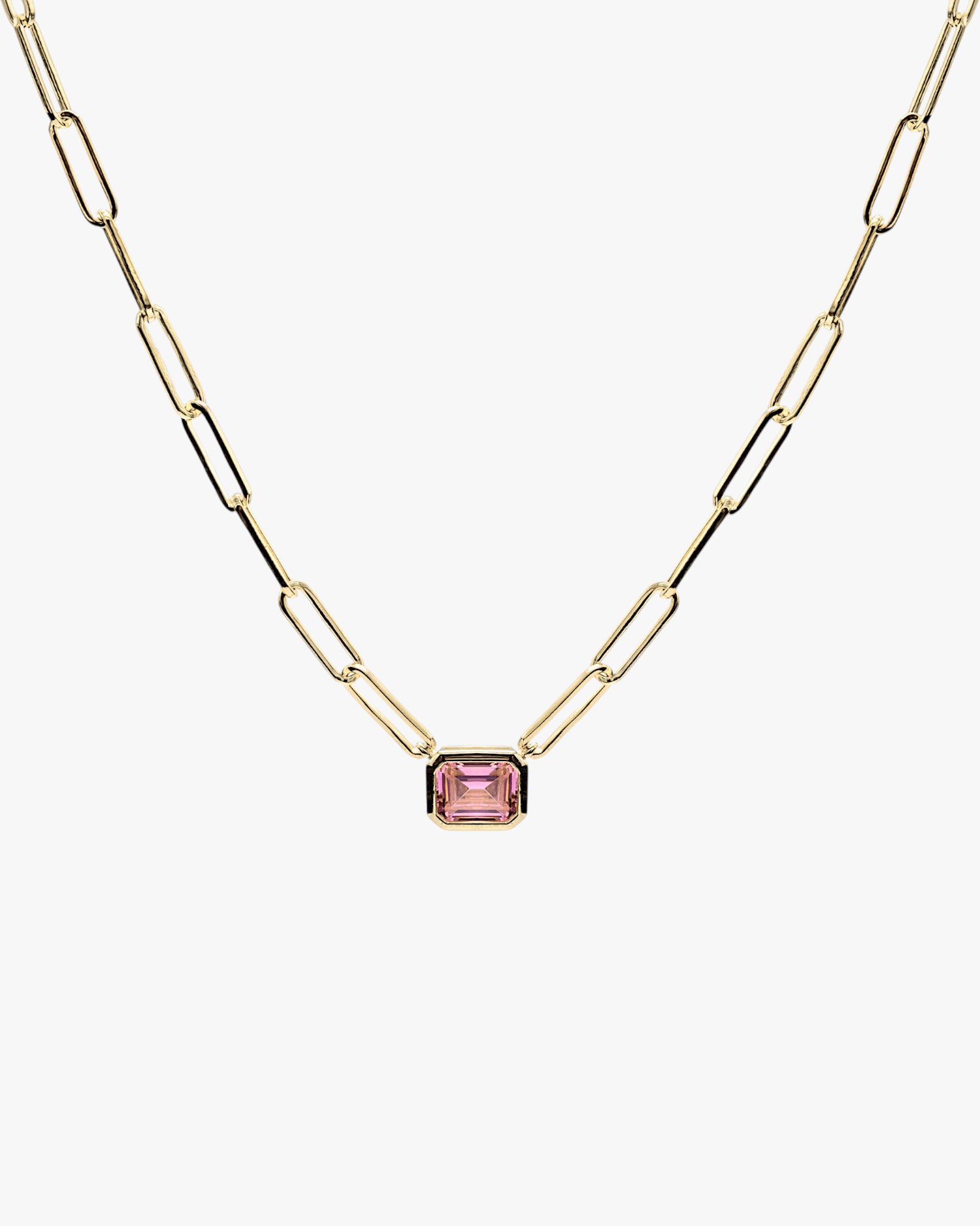 Necklaces with pink stones and a gold link design