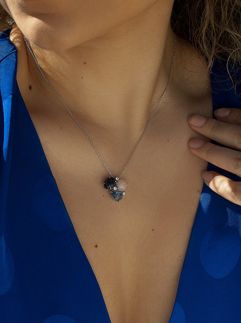 Necklaces with stones in shades of blue and pink with cubic zirconia