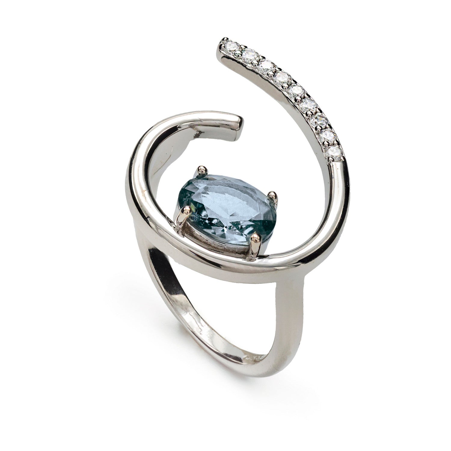 Semi-open design rings with central gemstone and cubic zirconia