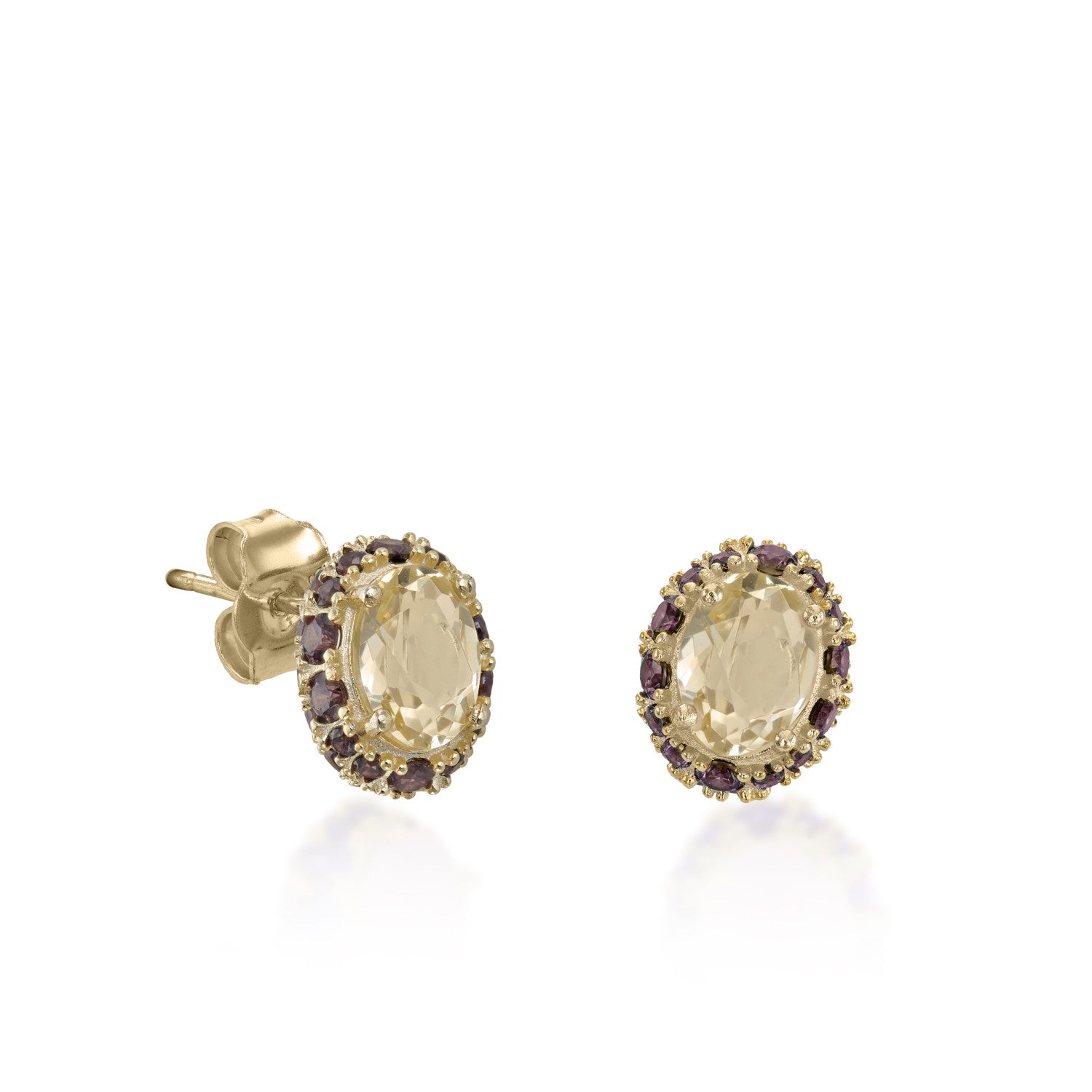 Stud earrings with colored stones in shades of yellow and garnet