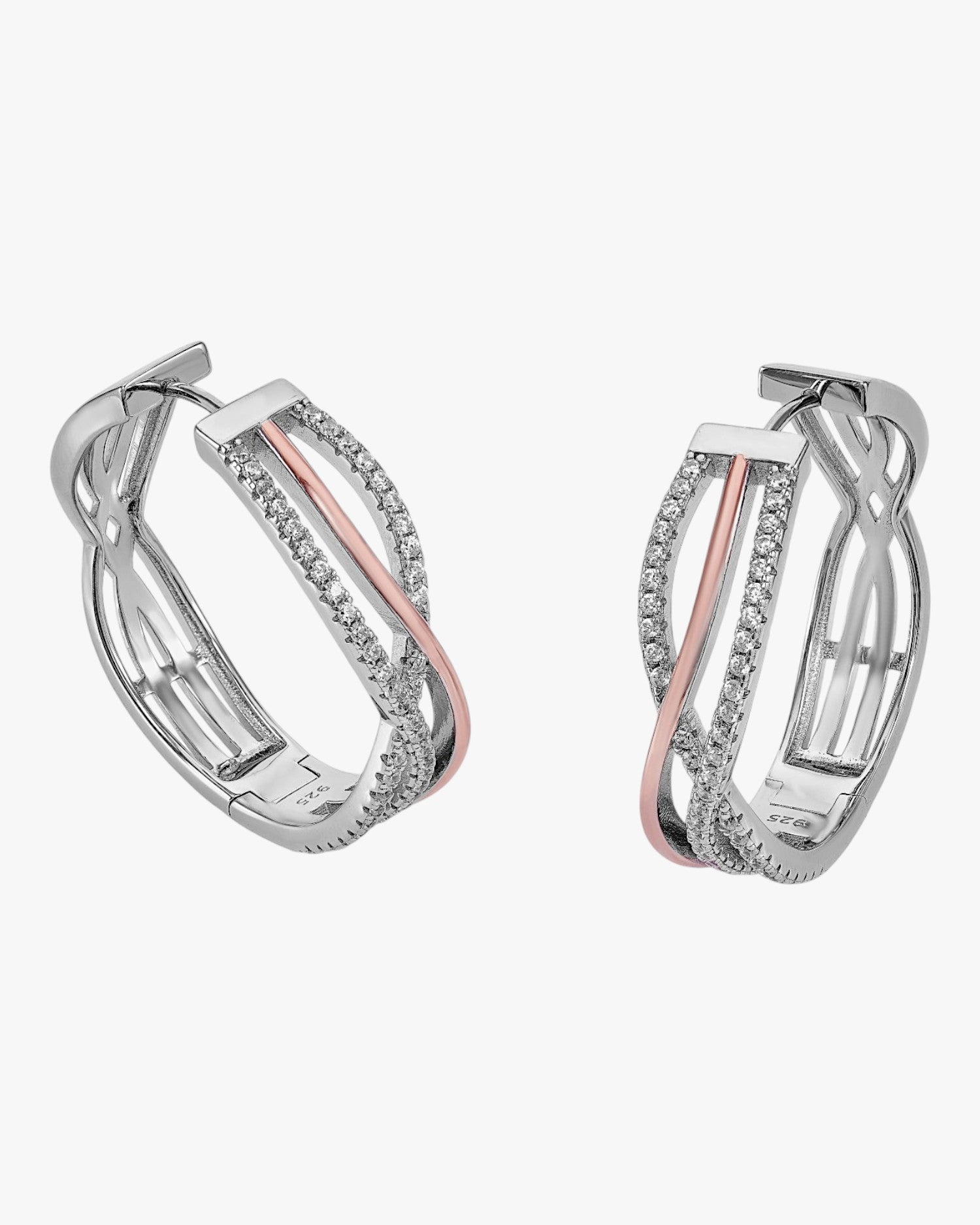 Original hoop earrings with a two-tone channel design and cubic zirconia