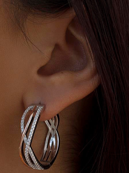 Original hoop earrings with a two-tone channel design and cubic zirconia