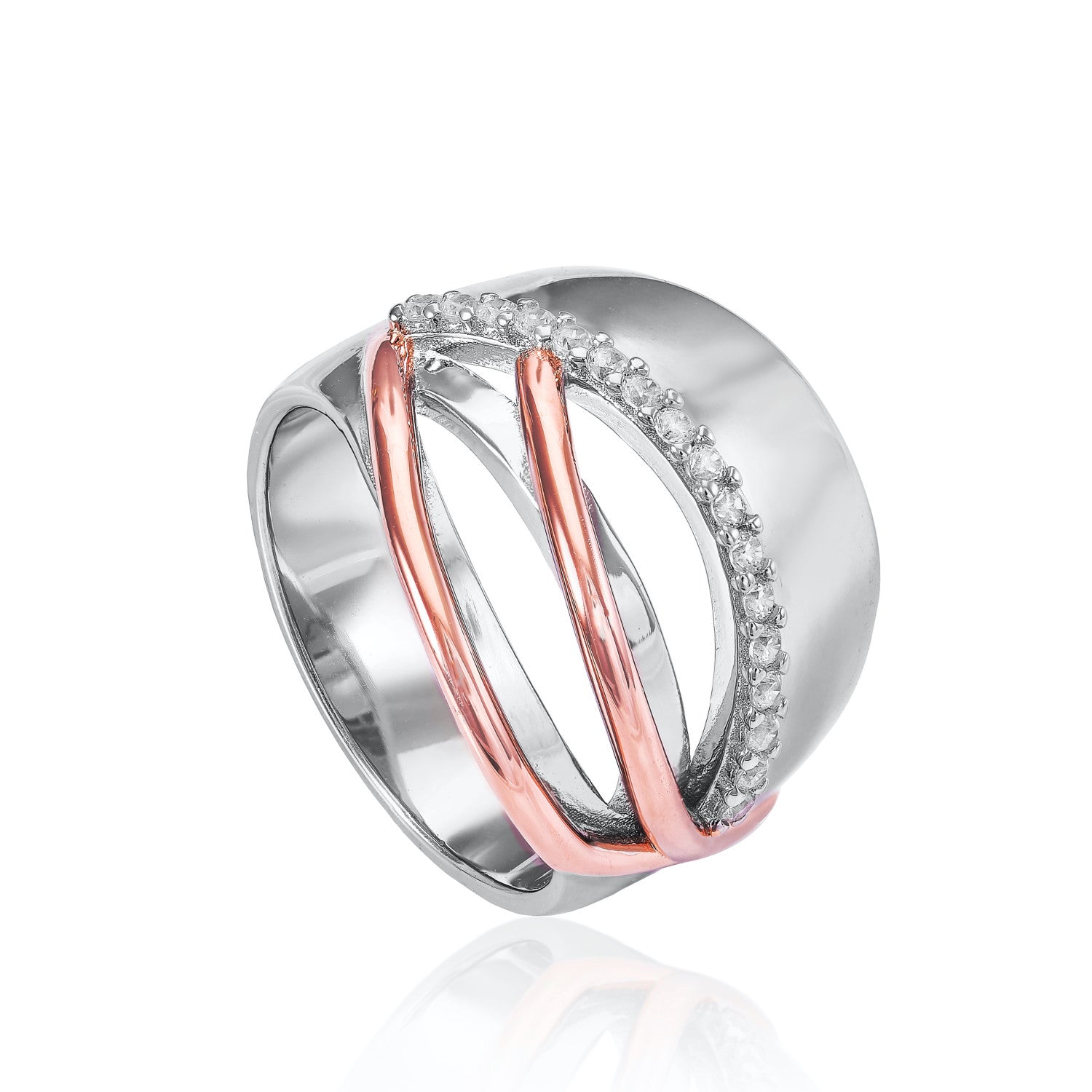 Anillos anchos con carriles bicolores y circonitas