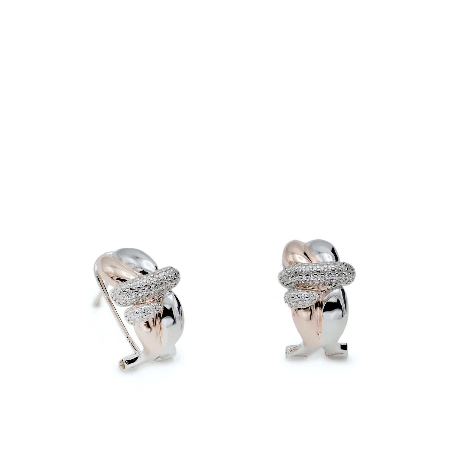 Boucles d'oreilles bicolore design irrégulier entouré d'un rail de zircons