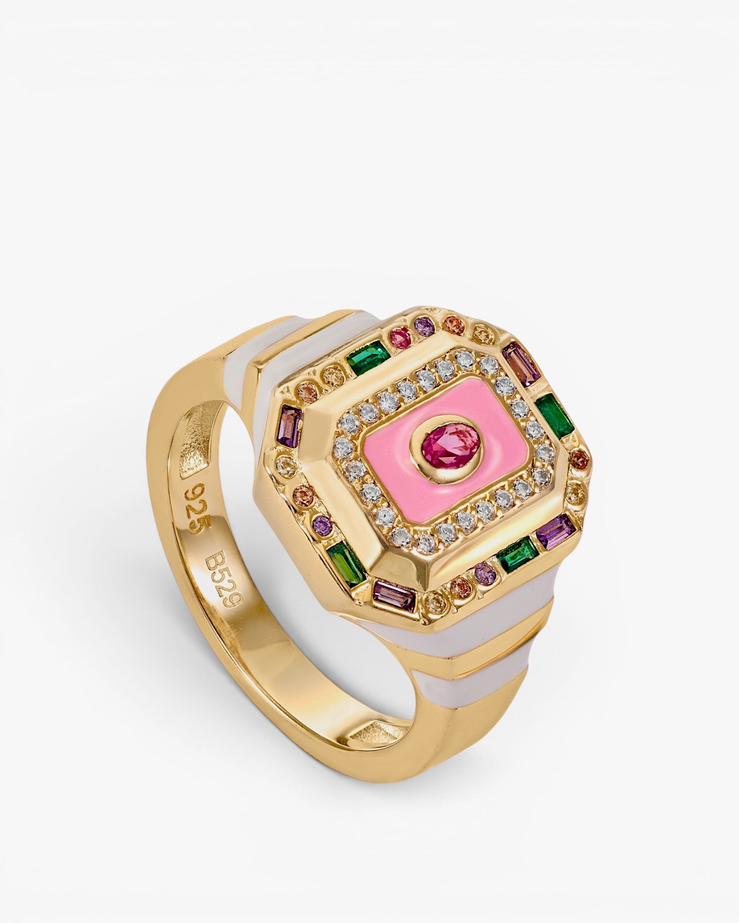 Anillo sello diseño octagonal con esmalte y circonitas