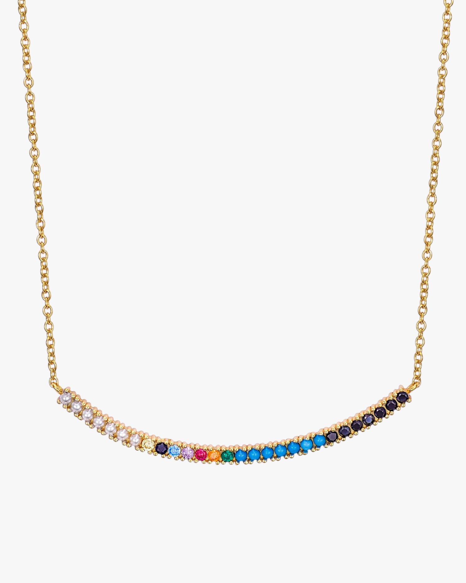 Collares con colgantes bañados en oro formado por una cenefa con bolas y circonitas de colores