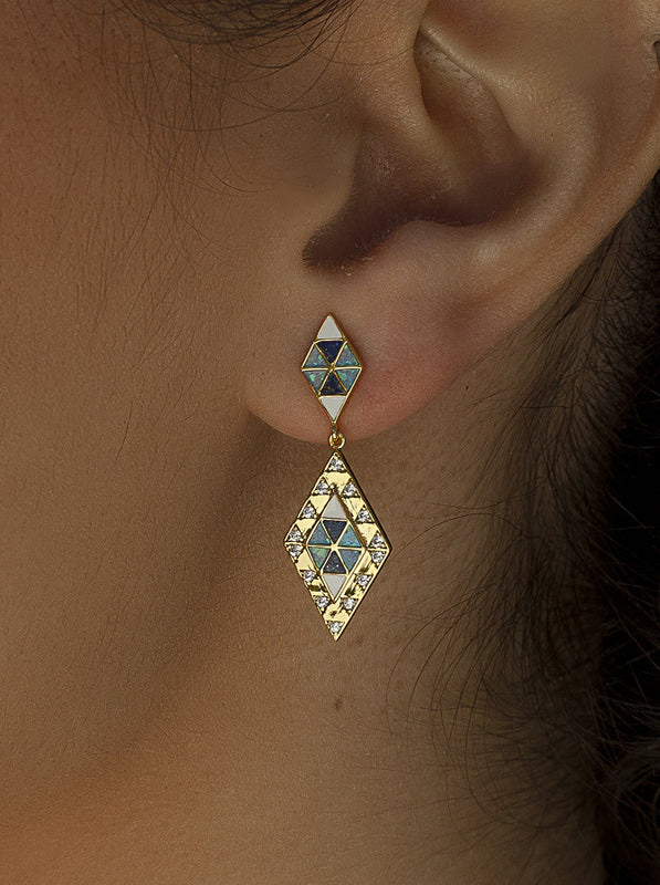 Pendientes con colgantes motivo rombo con lapislazuli esmalte y circonita