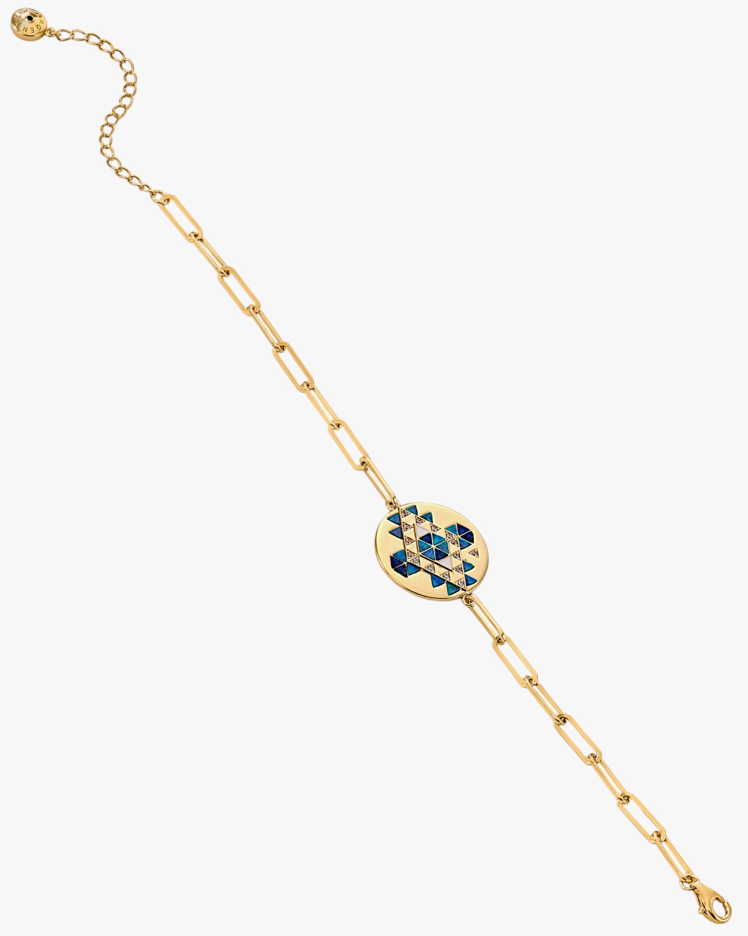 Silver link bracelet, paperclip design, round motif with lapis lazuli, white enamel and cubic zirconia