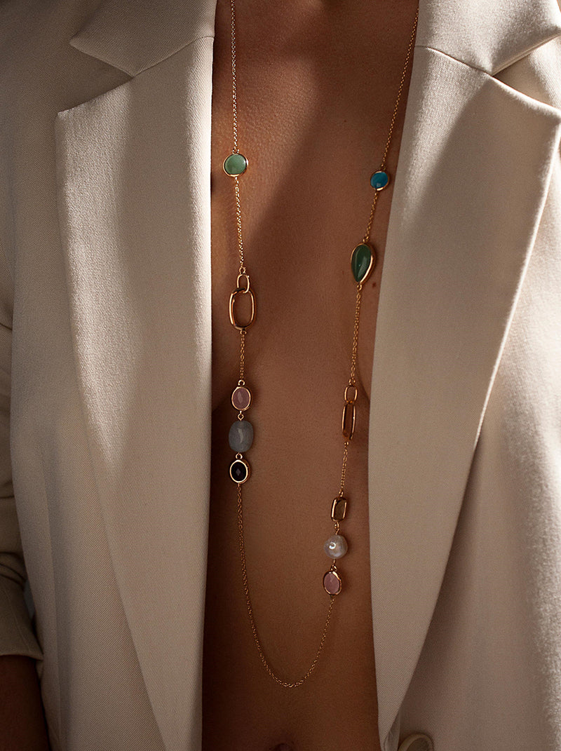 Long necklaces with designer stones in pastel shades