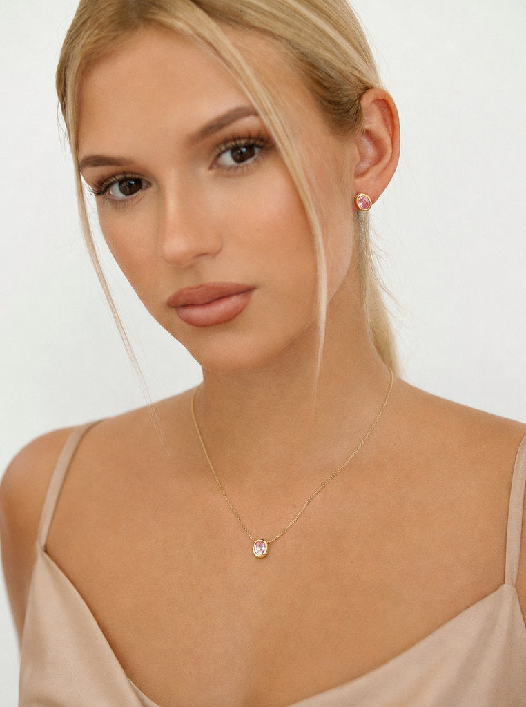Collares con piedras talla oval tono rosa y circonitas