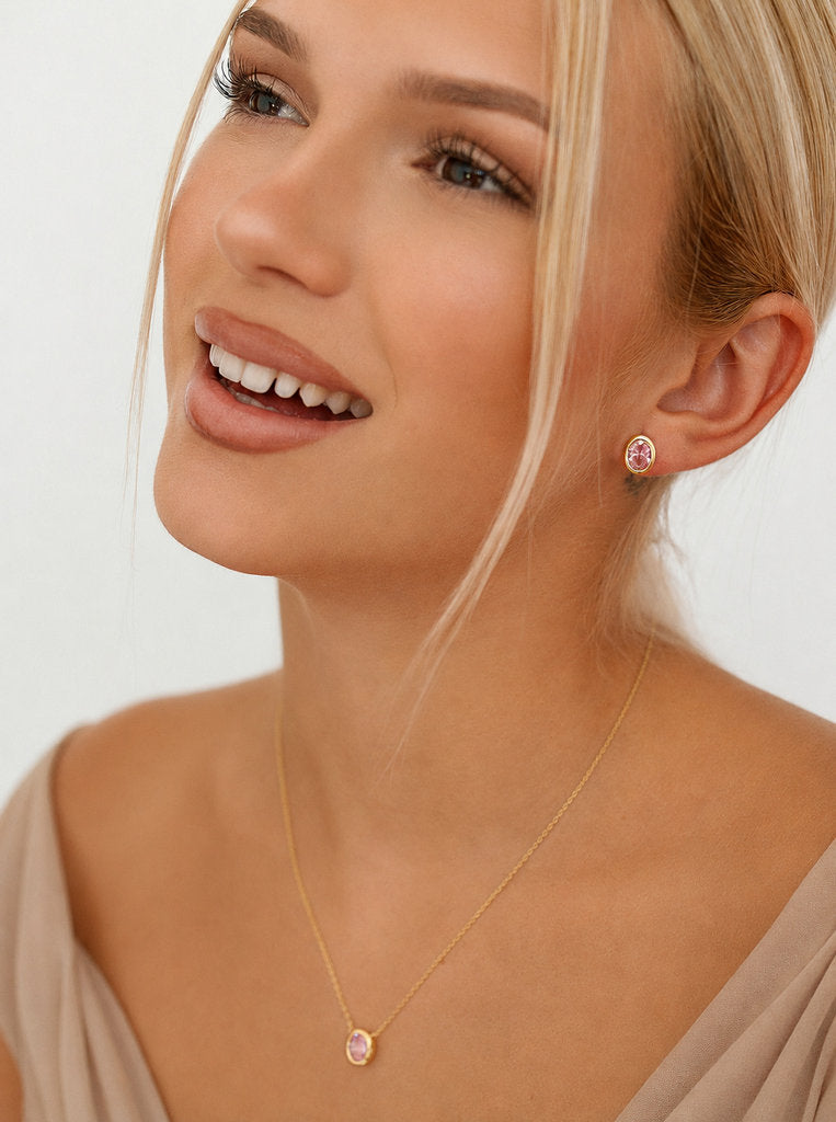 Collares con piedras talla oval tono rosa y circonitas