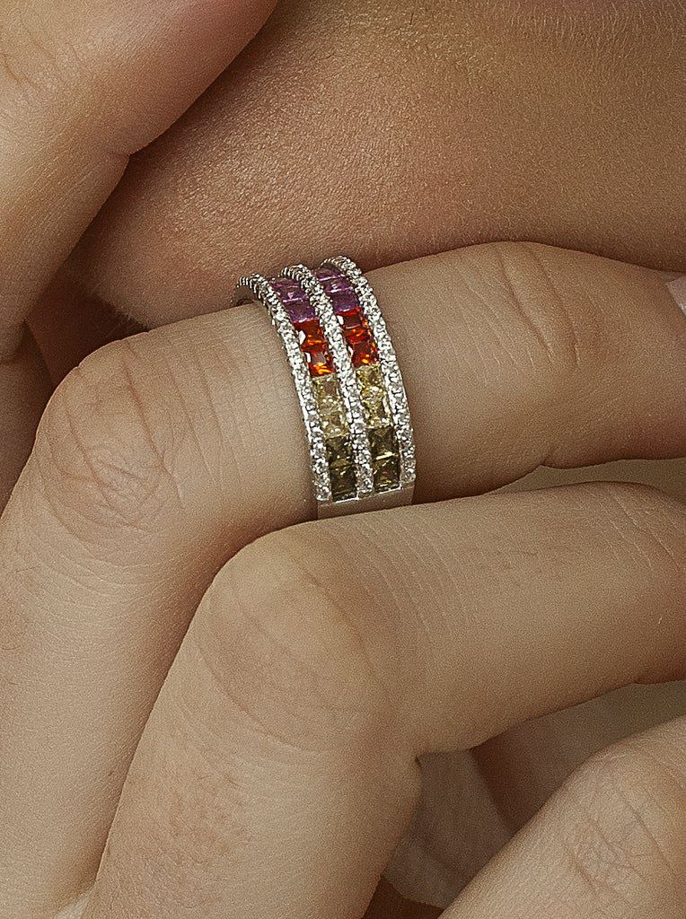 Anillo con piedras diseño doble raíl multicolor
