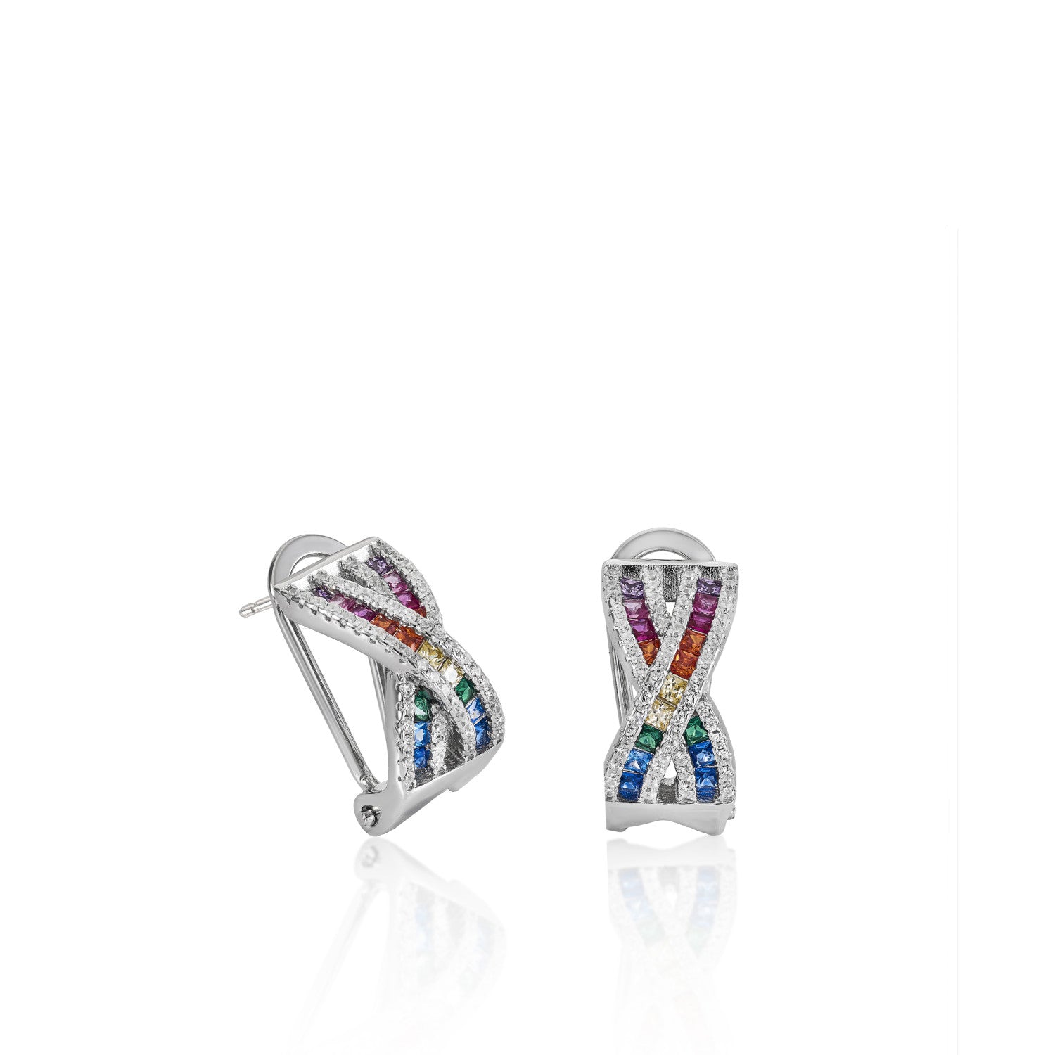 Omega clasp earrings with multicolored crossed rail design