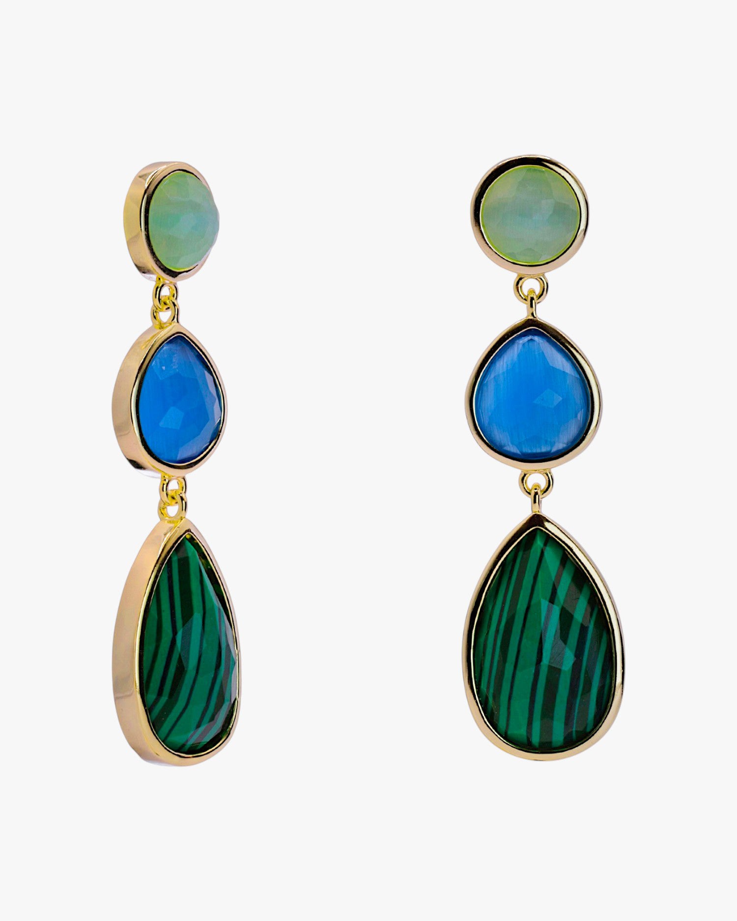 Long silver teardrop design natural stone malachite earrings