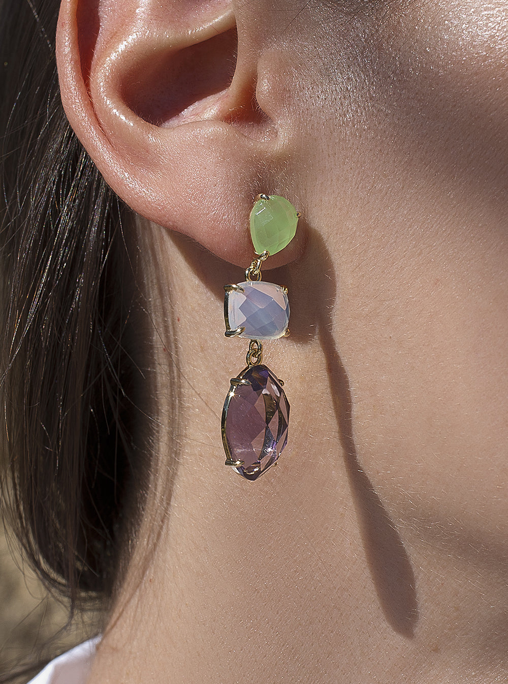 Long amethyst-toned colored stone earrings