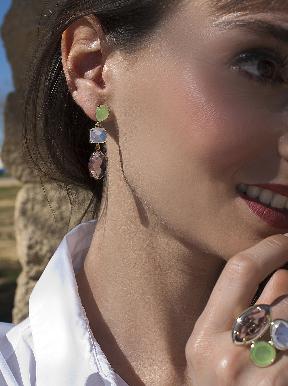 Long amethyst-toned colored stone earrings