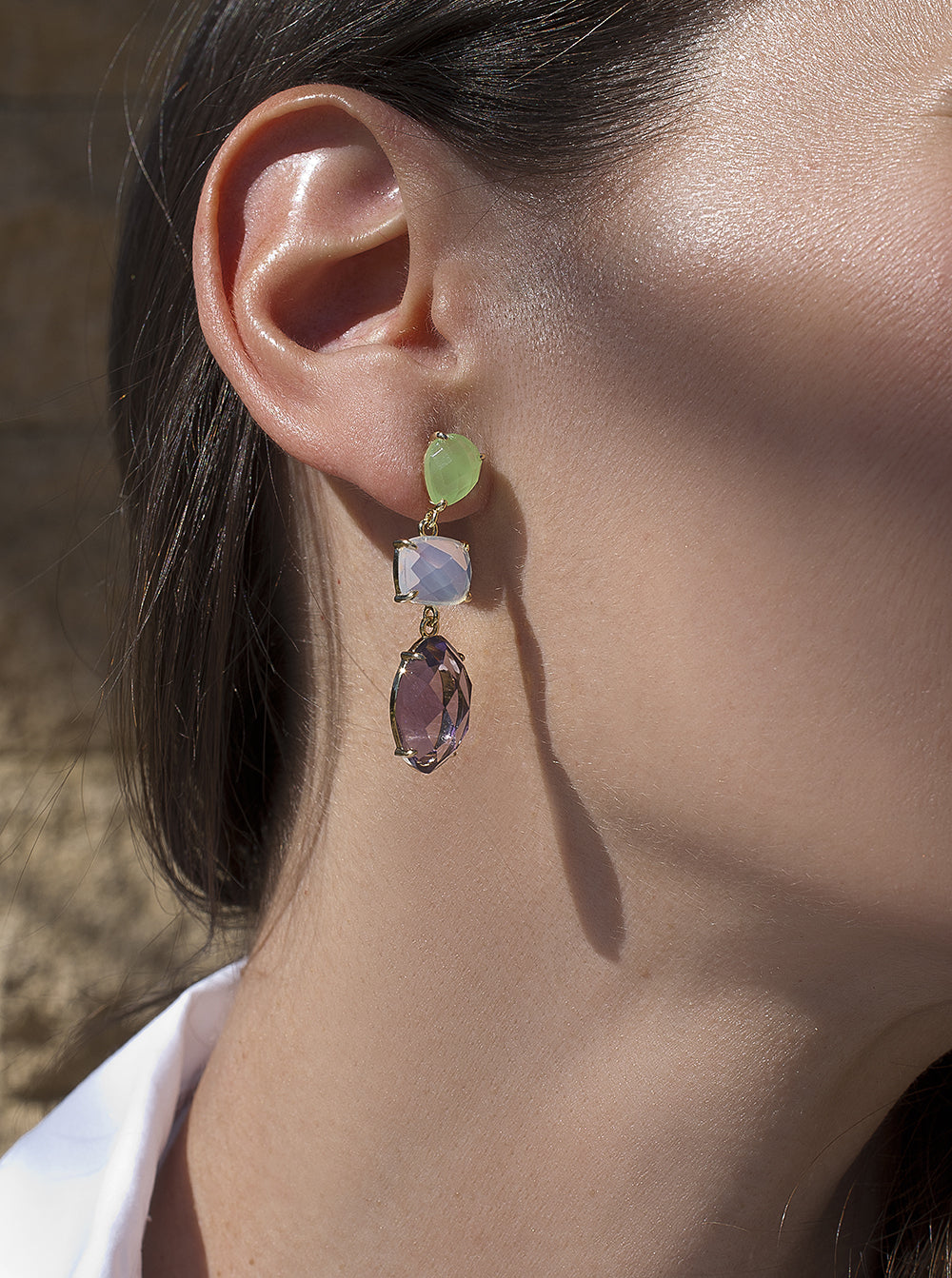Long amethyst-toned colored stone earrings