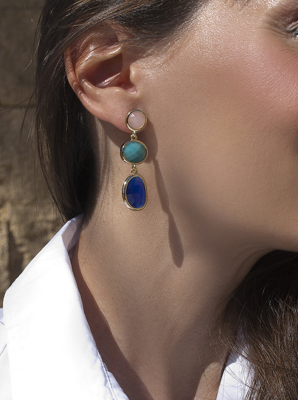 Long silver natural stone earrings with lapis lazuli