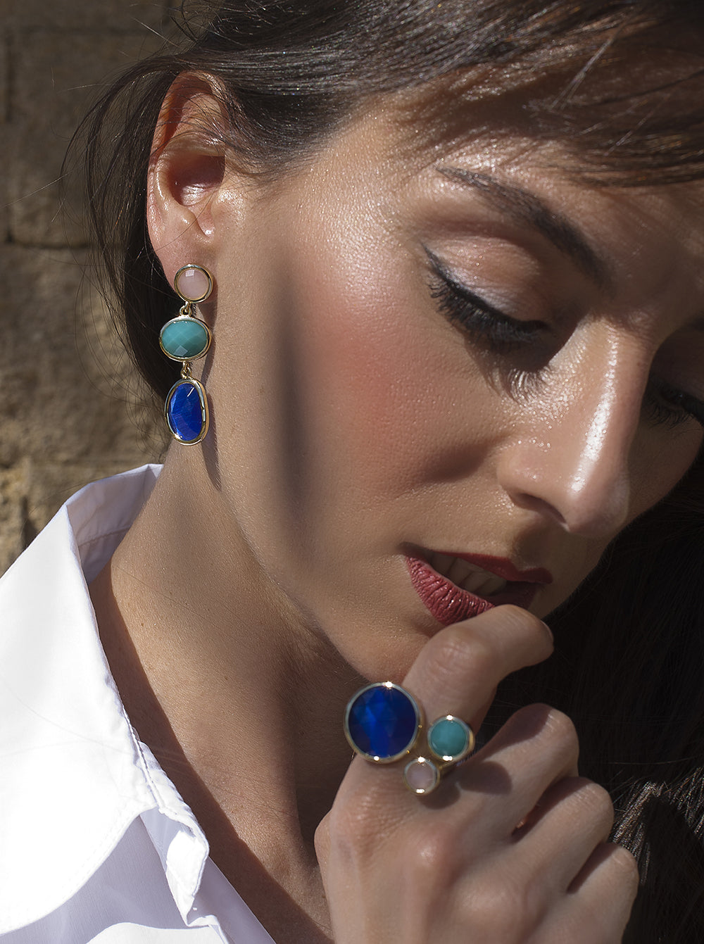 Long silver natural stone earrings with lapis lazuli