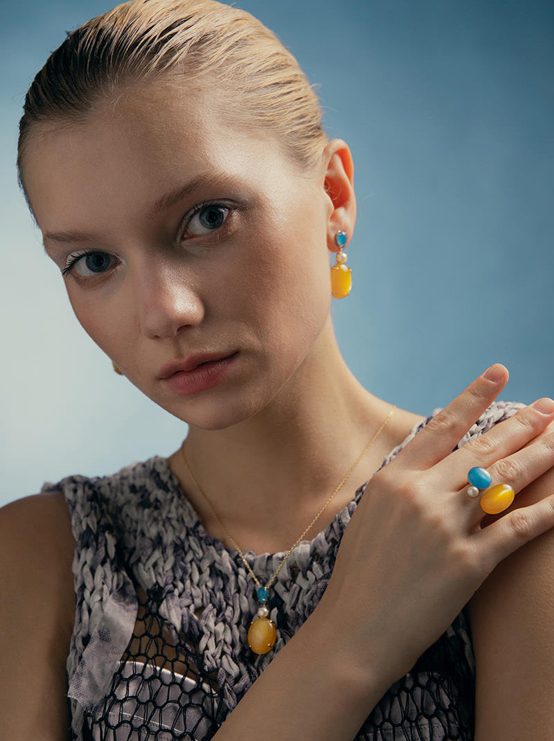 Natural stone earrings in silver citrine tone