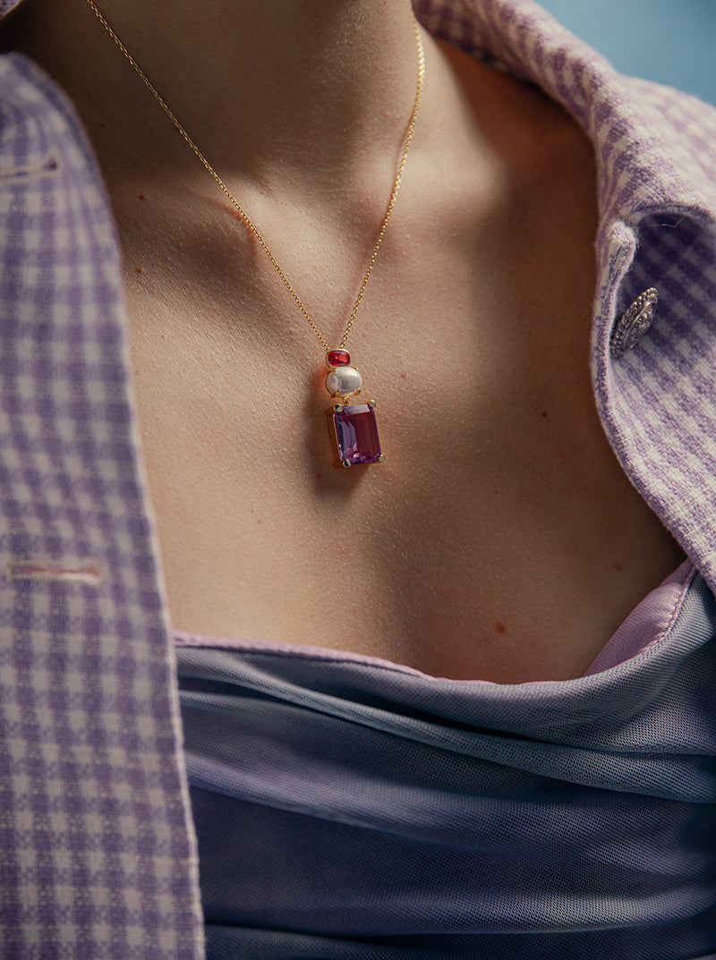 Necklaces with geometric design stones in shades of purple