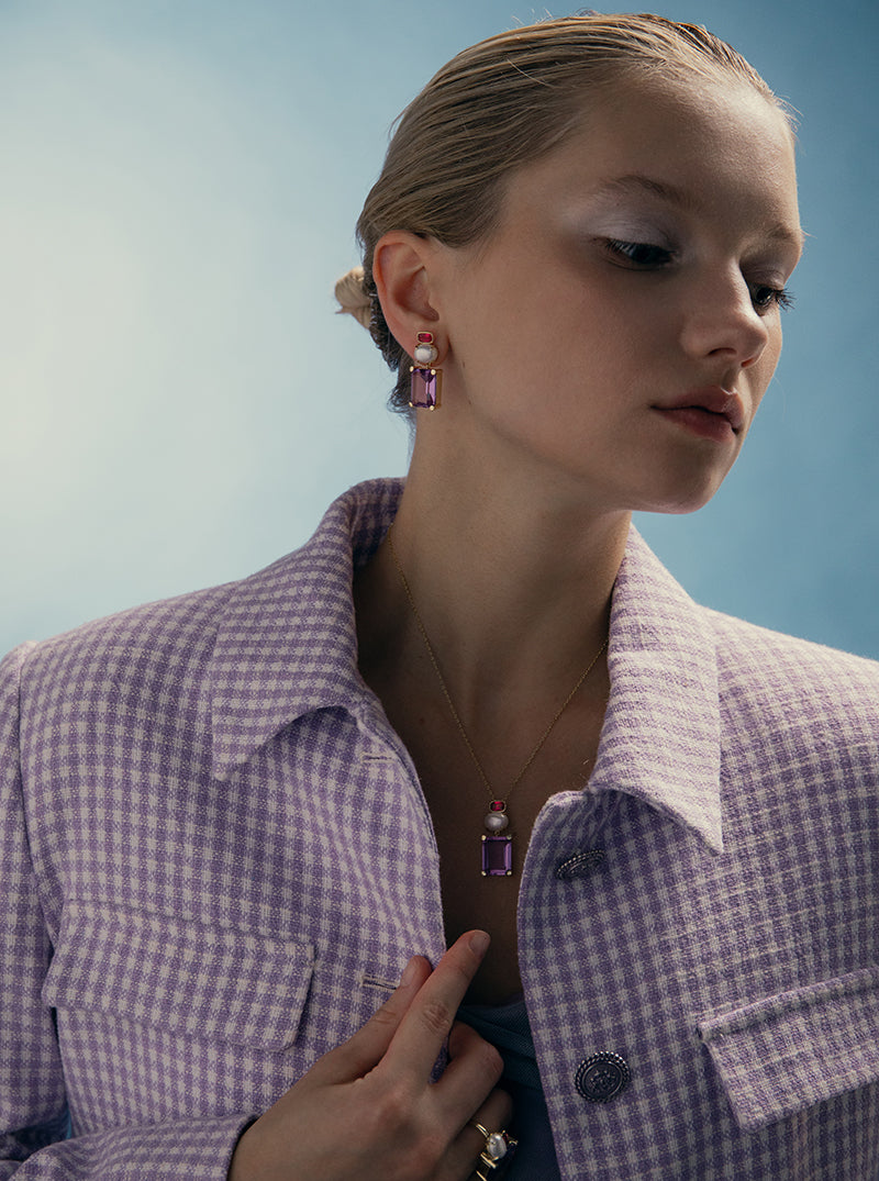 Necklaces with geometric design stones in shades of purple