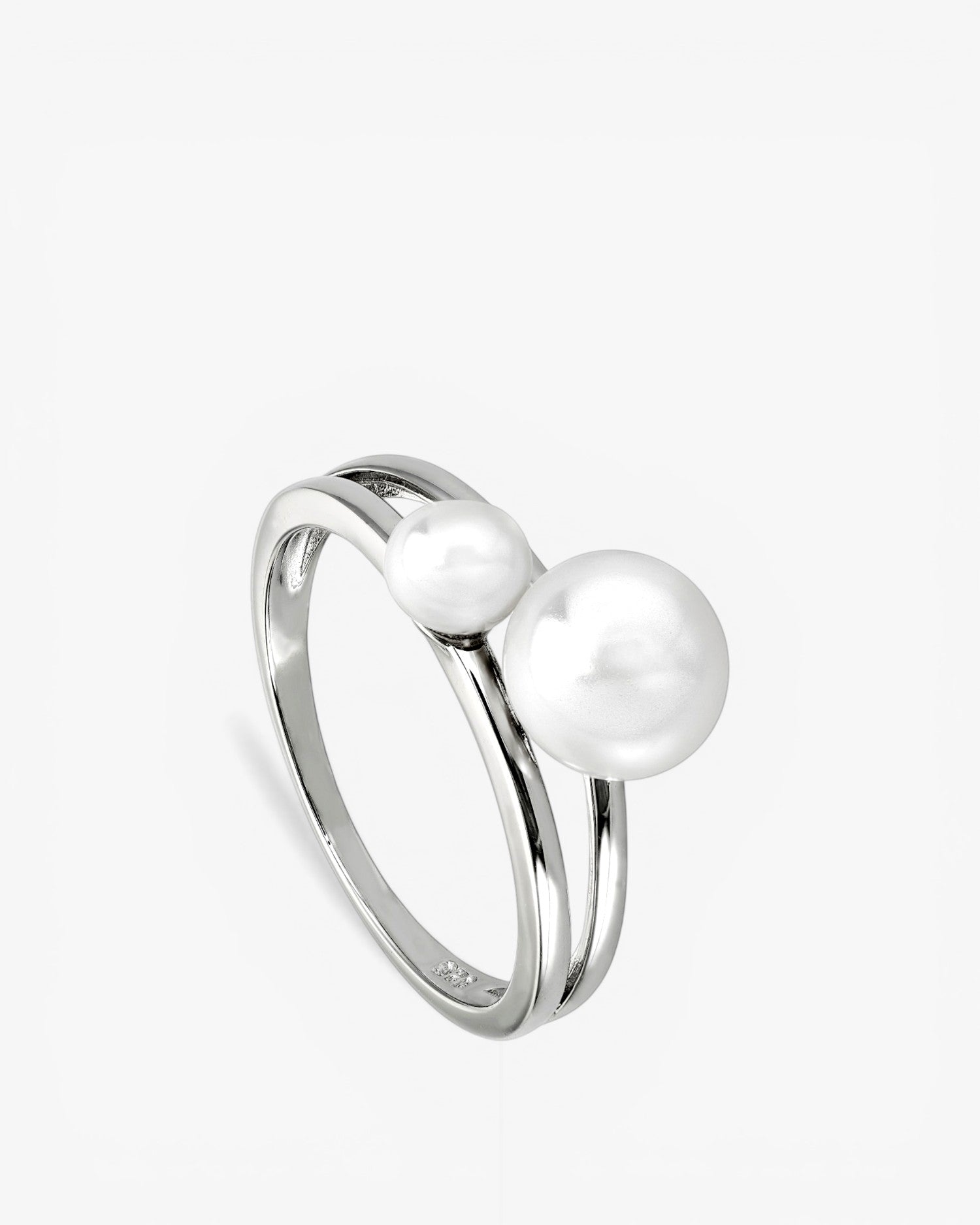 Silver pearl rings with double rail and double pearl