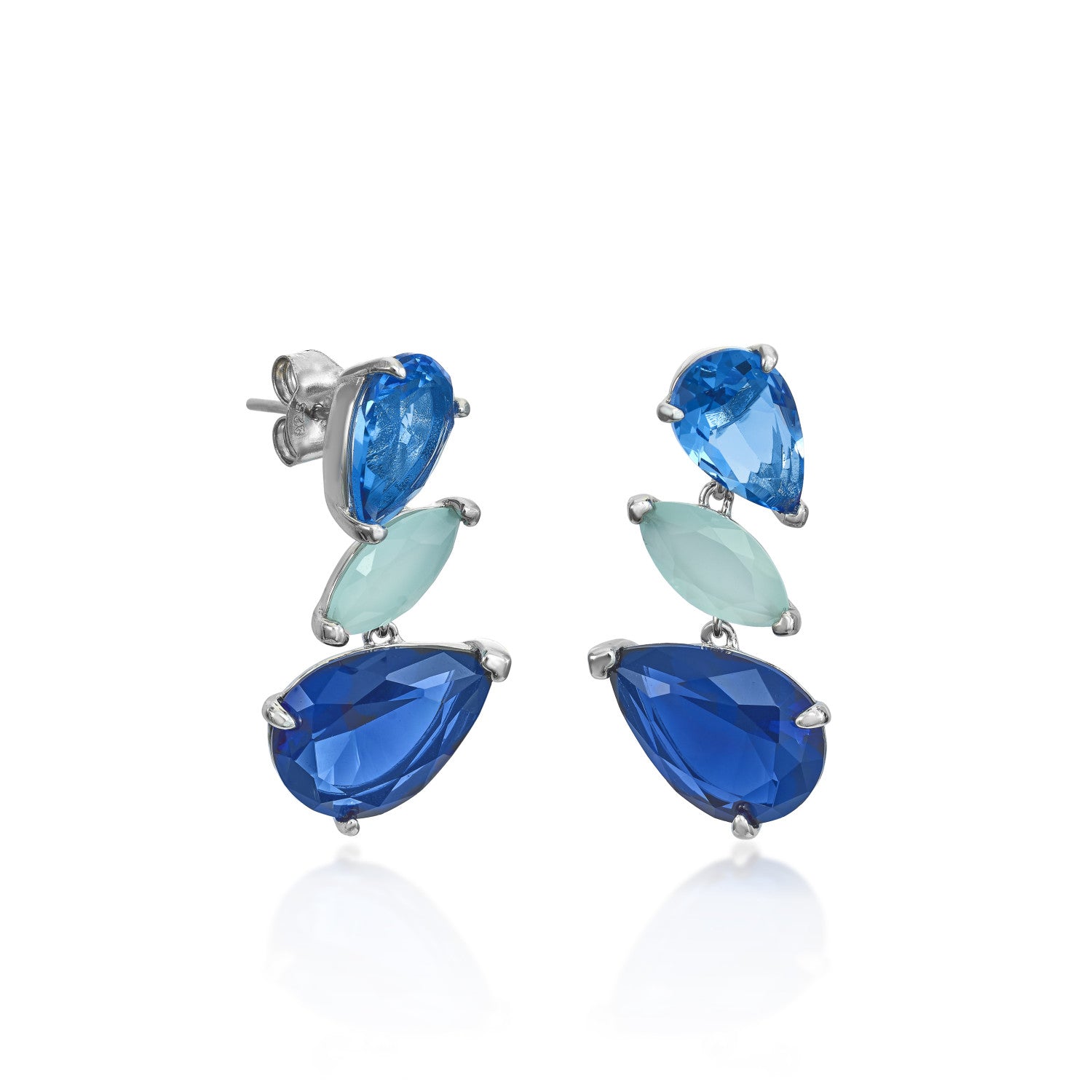 Colorful stone earrings, three-gem design, blue tone