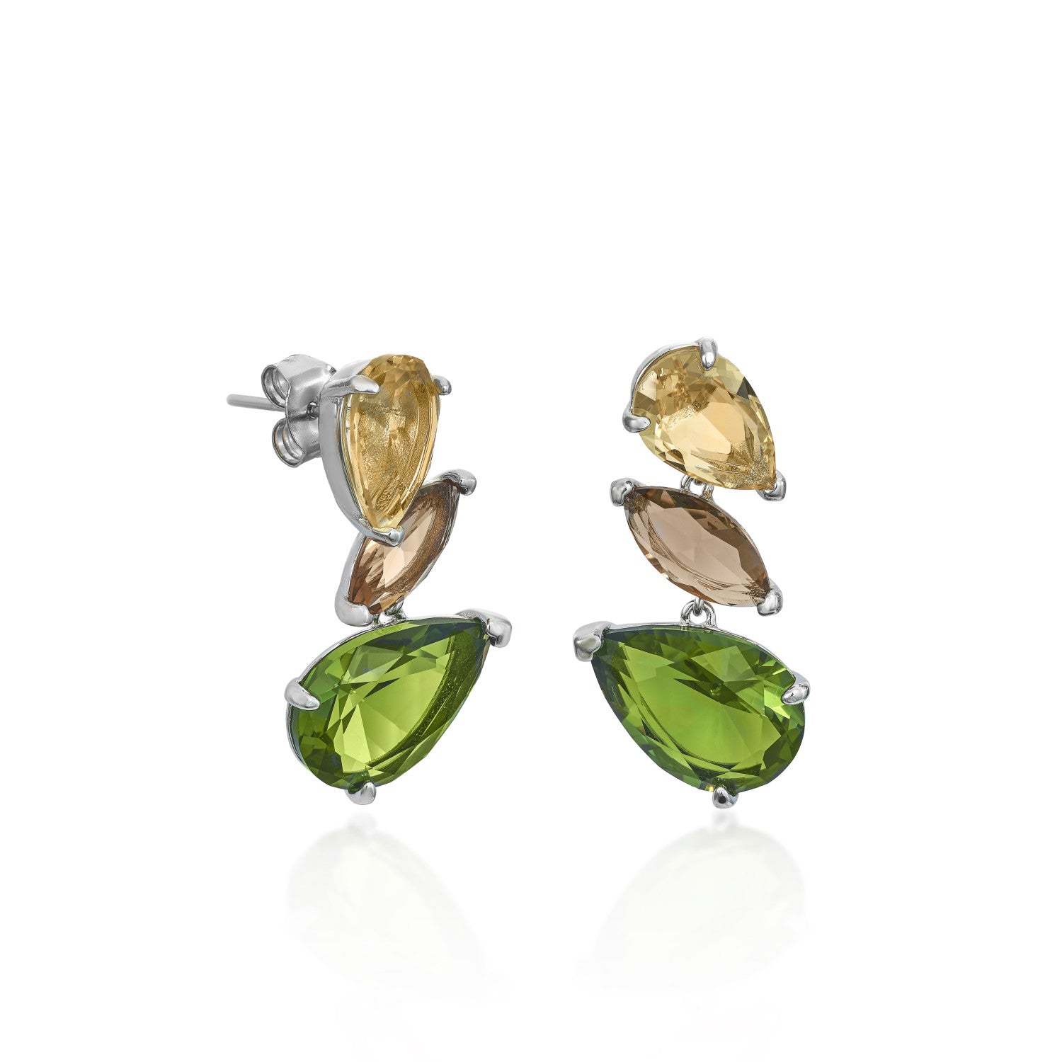 Earrings with colorful stones, three-gem design, natural tone