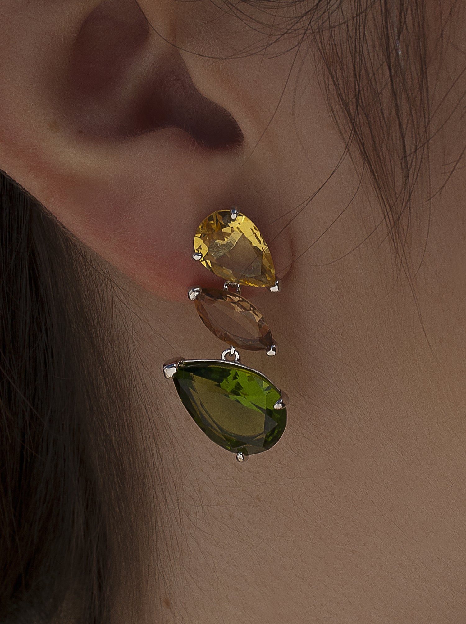 Earrings with colorful stones, three-gem design, natural tone