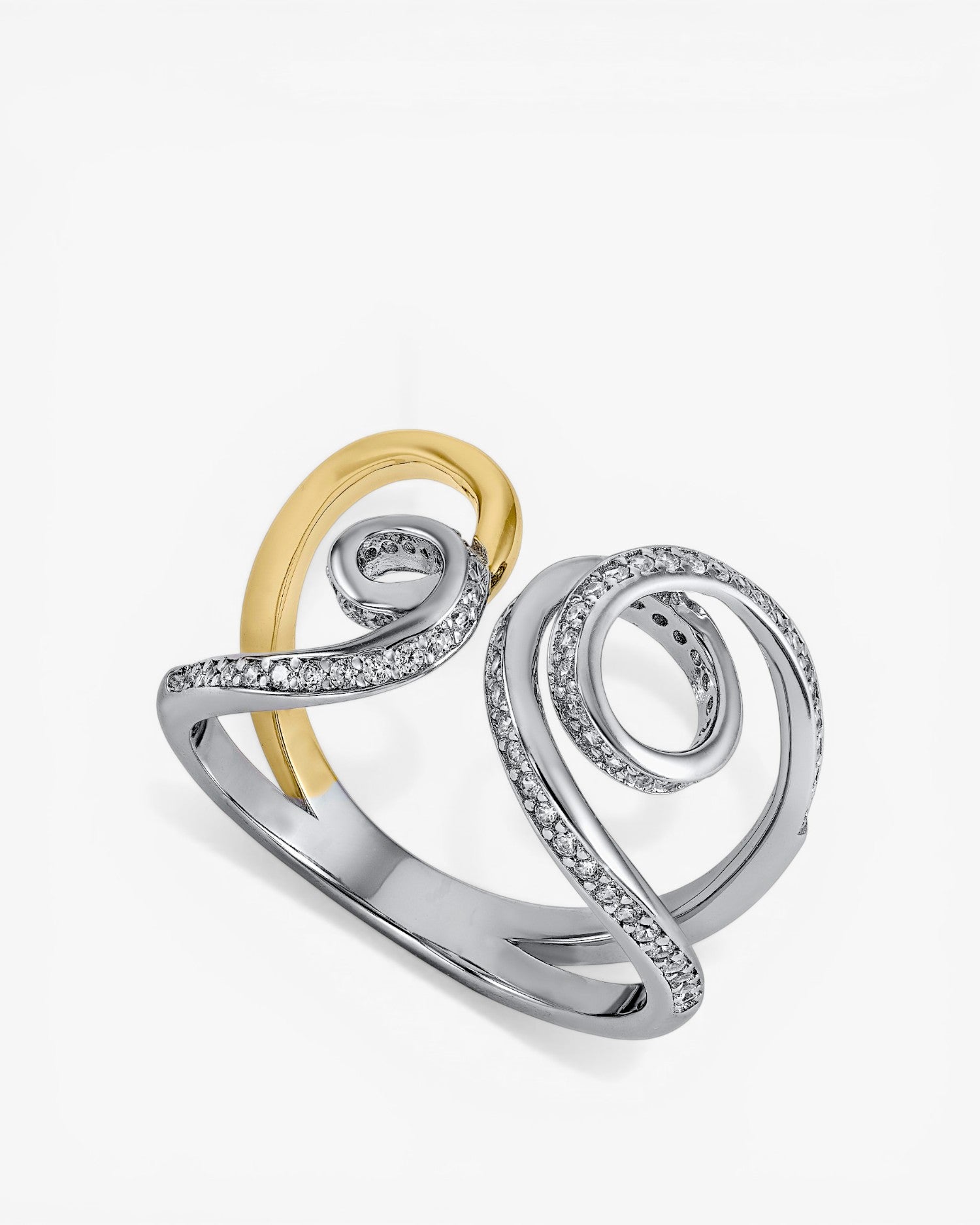 Anillos bicolor de plata diseño tirabuzones con circonitas