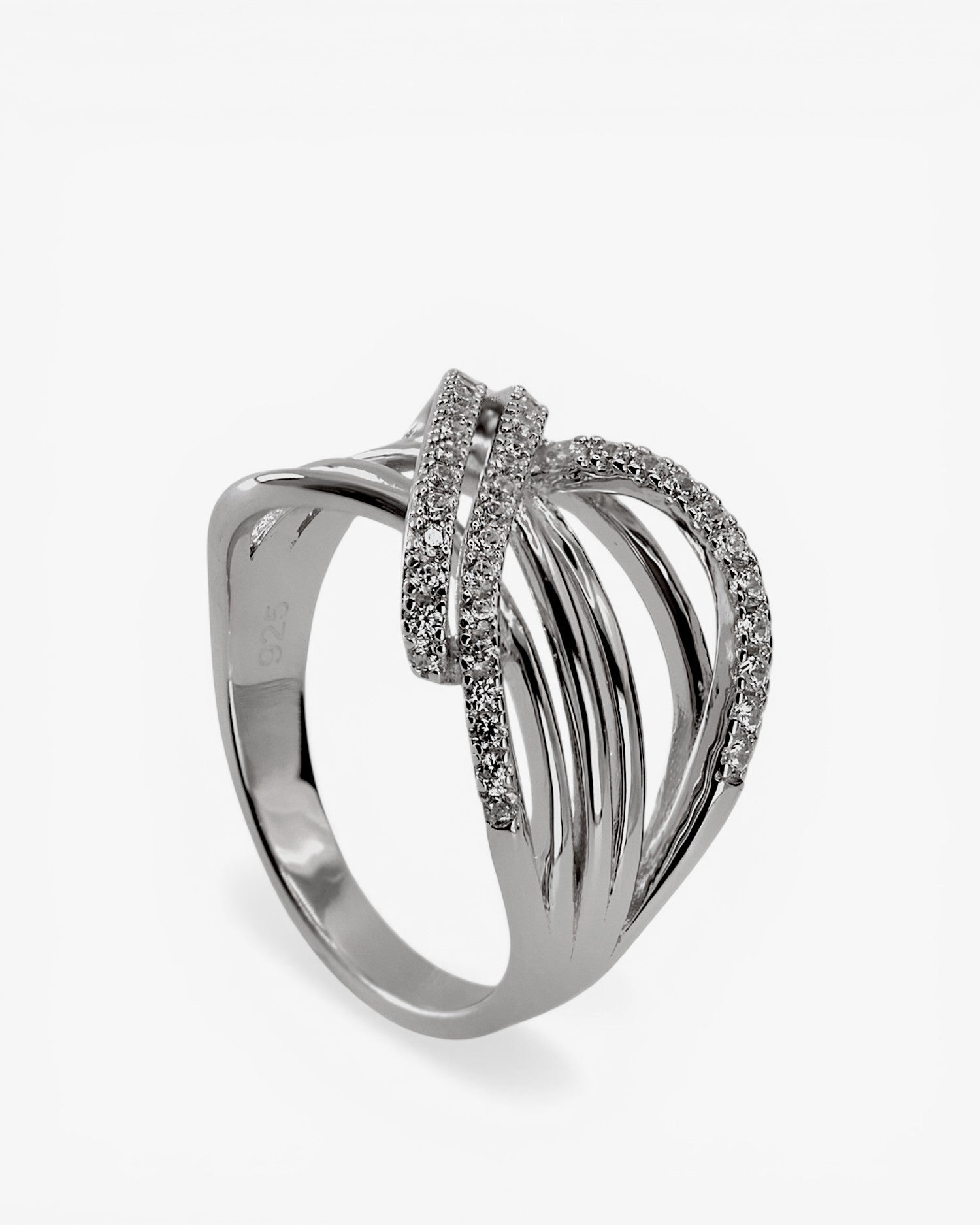 Anillos circonitas de plata múltiples raíles cruzados