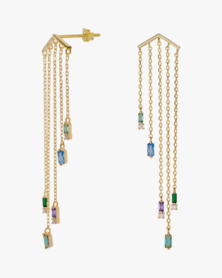 Pendientes largos diseño cinco cadenas con gemas tono azul