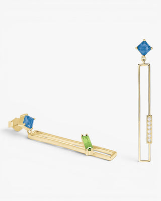 Long rectangular design earrings with pistachio-toned gemstones