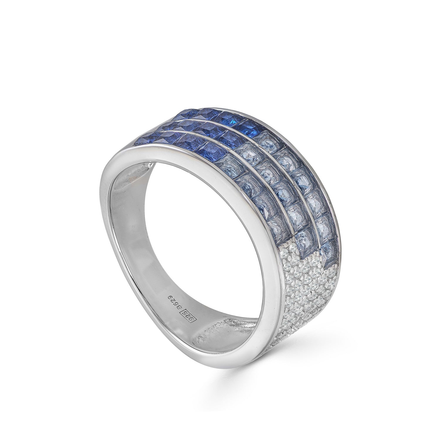 Rings with triple rail stones in shades of blue