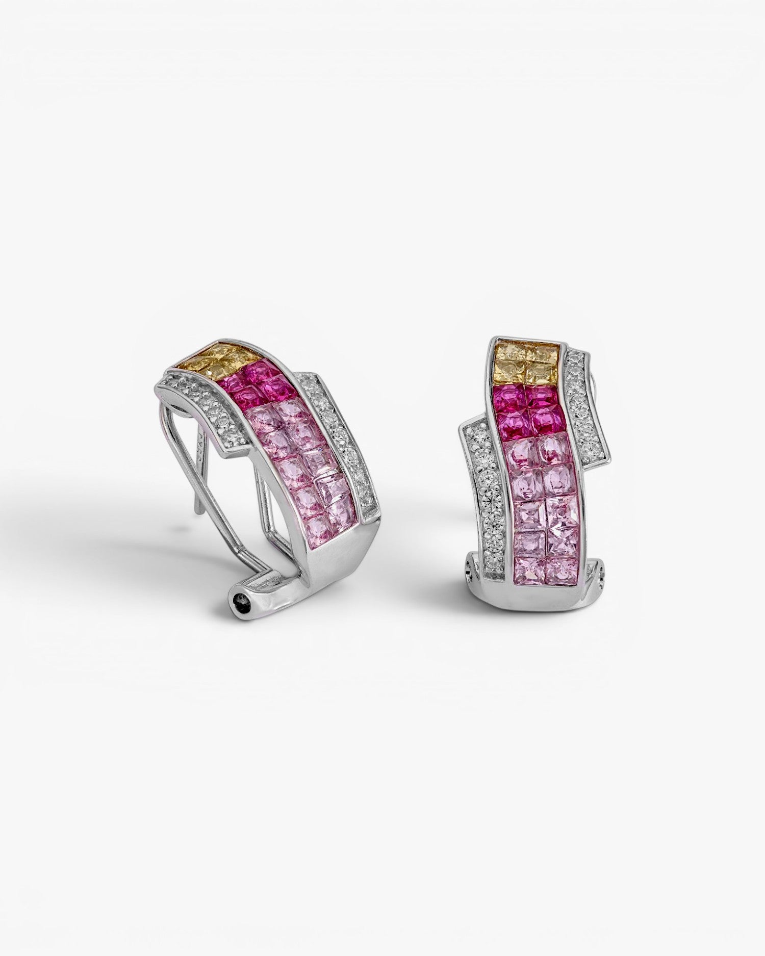 Omega clasp earrings with double rail in pink tones