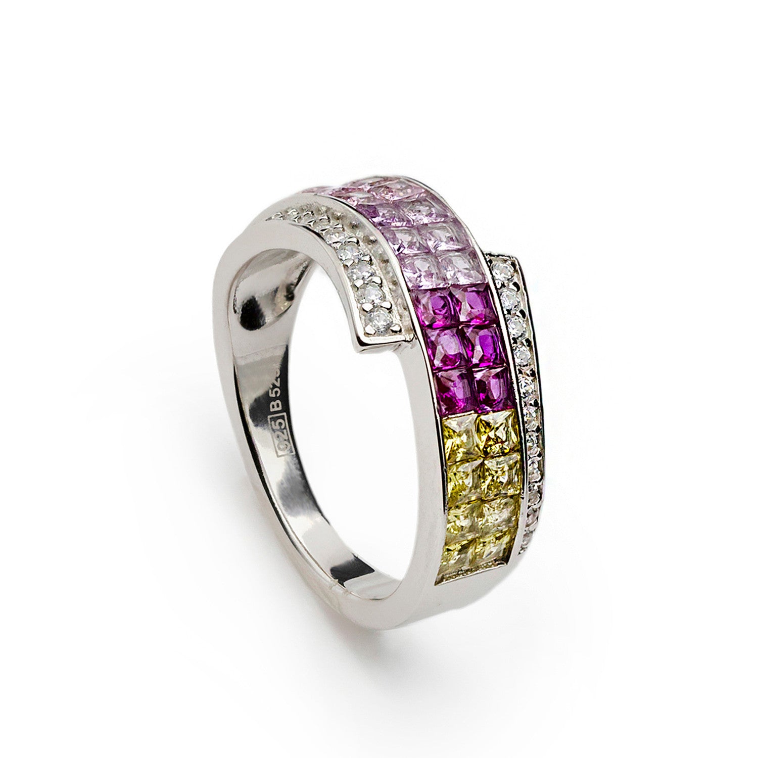 Rings with double rail stones in pink tones