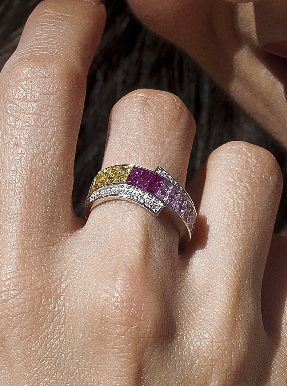 Rings with double rail stones in pink tones