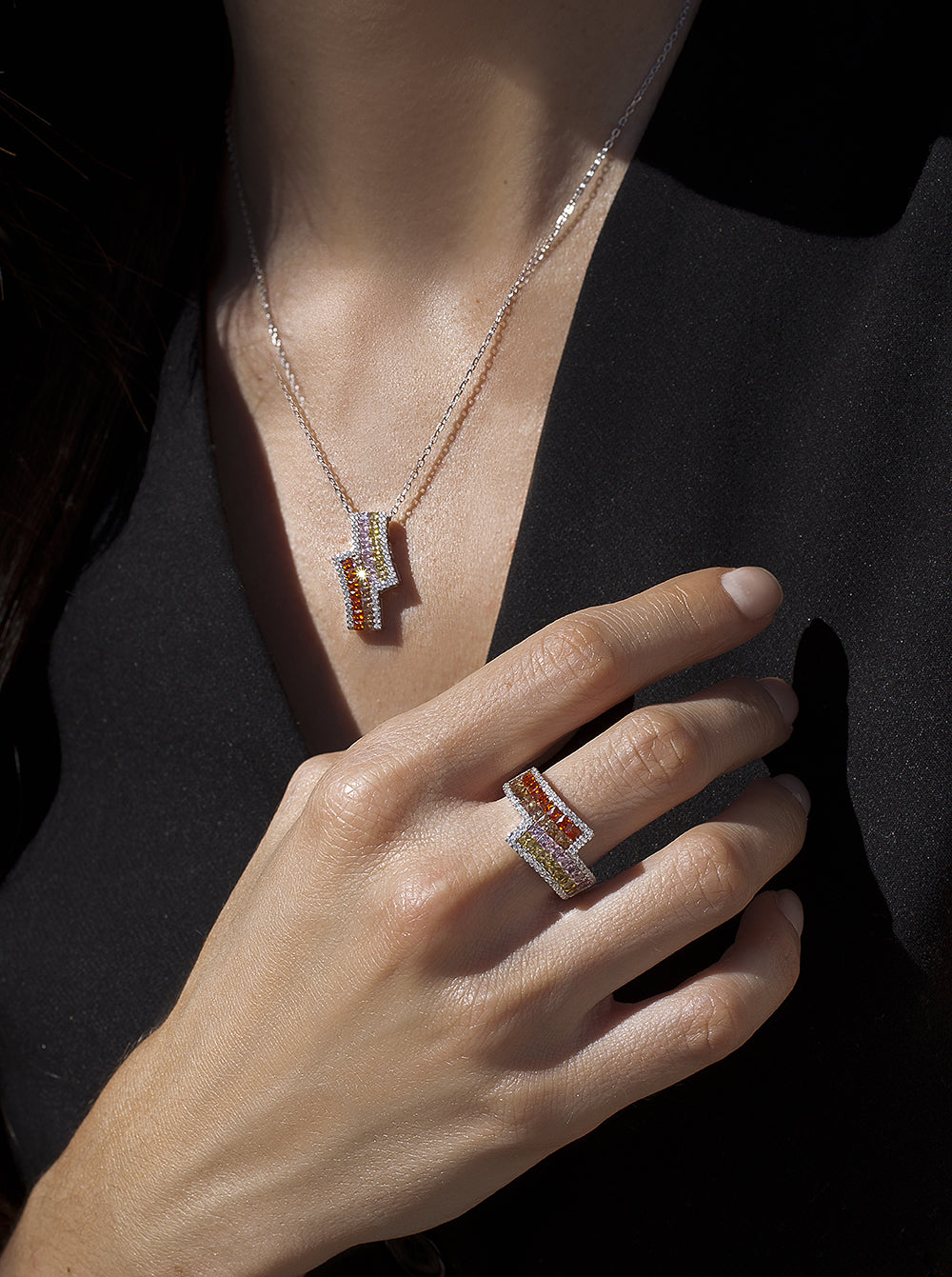 Necklaces with stones, asymmetrical design, warm tones