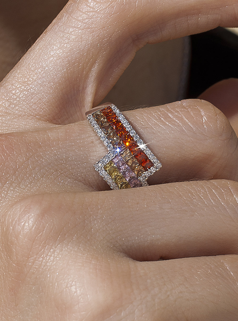 Rings with stones, asymmetrical design, warm tones