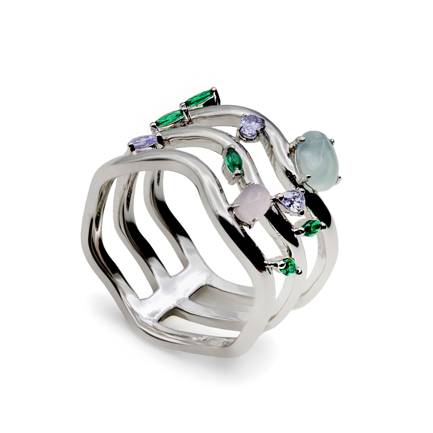 Anillos de diseño con tres carriles irregular con gemas