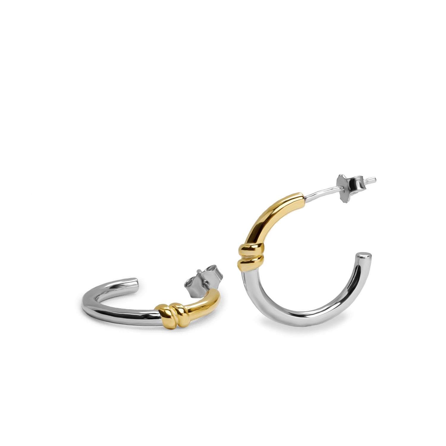 Pendientes bicolor de plata estilo aro con nudo central