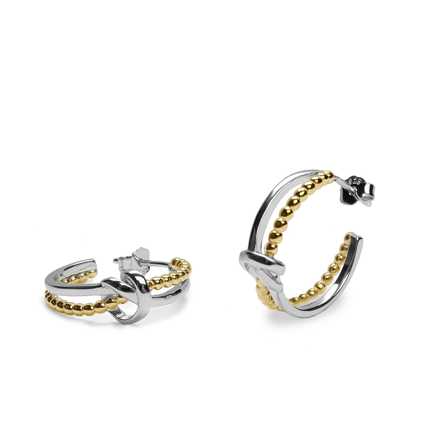 Pendientes bicolor de plata estilo aro diseño doble raíl con nudo