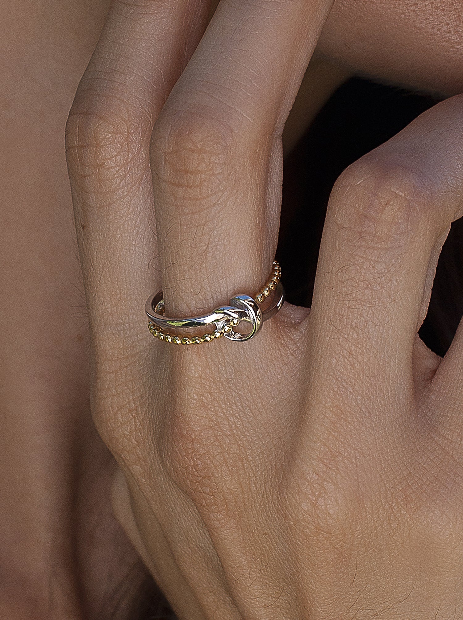 Anillos bicolor de plata diseño doble raíl con nudo