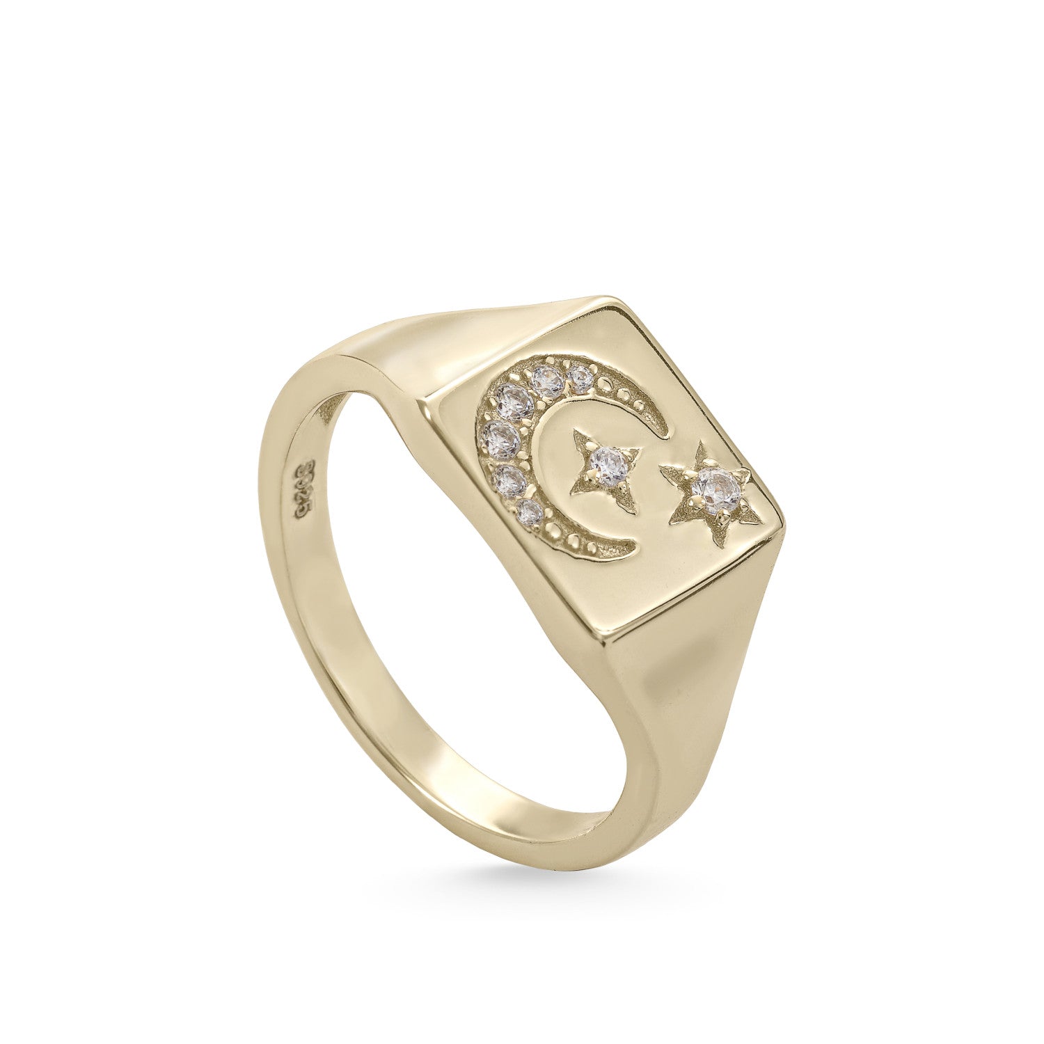 Anillo sello de plata con motivo de luna y estrellas