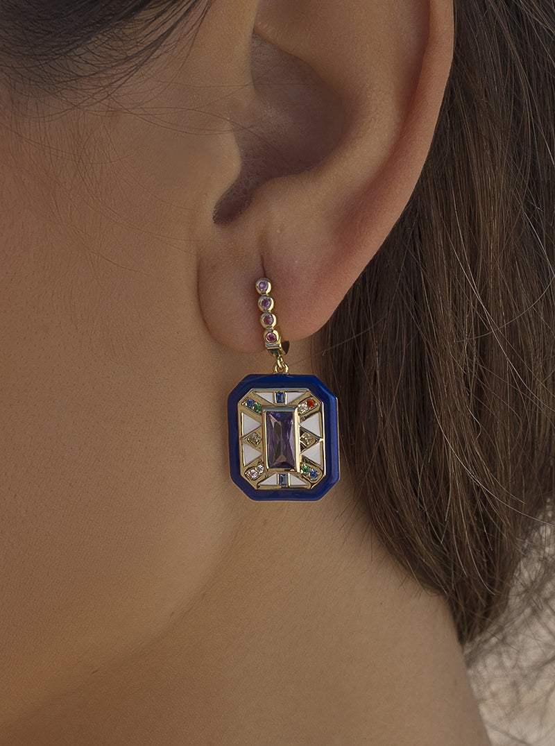 Colorful stone earrings, octagonal design