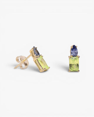 Small earrings with lime and lavender-toned gemstones